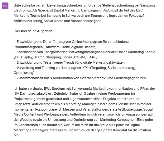 Eine Anfrage an ChatGPT für eine Bewerbung.